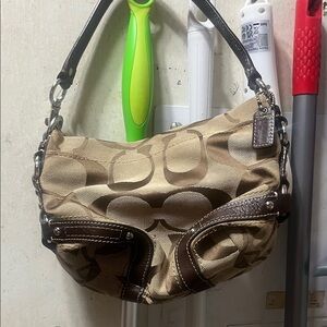 Coach Khaki Signature Canvas Shoulder Bag with Brown Trim